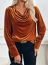 billige Dressy topper-Dame Skjorte Bluse Helfarge Fritid Langermet Cowl-hals Vanlige topper Daglig Brun Høst Vinter