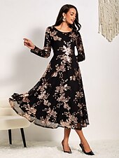 billige Kjoler til nyttårsaften-kvinners a-linje midikjole lange ermede paljetter floral elegant svart semi-formell glitrende skinnende skjørt rund hals bryllupsfest teaterbegivenhet vår høst moteklær klær s m l xl xxl
