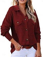 preiswerte Damen Einfache Oberteile-Damen Hemd Bluse Feste Farbe Basic Brautkleider schlicht Langarm Hemdkragen Normale Oberteile Täglich Knopf Tasche Wein Khaki Grau Herbst Winter