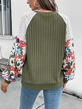 abordables Motifs graphiques et détails-Femme Pull Chandail Pull Décontractées Flexible Floral A côtes Col Ras du Cou Patchwork Tricoté Imprimer manche longue Hauts réguliers Tricoter Extérieur du quotidien Fin de semaine Vert Automne Hiver