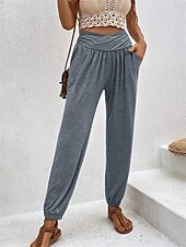 billiga Byxor-Dam Kinesiska Mode Streetwear Fullängd Hög midja Slät Ficka Bekväm Mjuk Microelastisk Utomhus Gata Svart Blå Kaki Armégrön Vår &amp; Höst Normal
