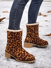 cheap Snow &amp; Winter Boots-Women&#039;s Red Leopard Print Winter Boots with Faux Fur Lining and Chunky Heel – Warm and Stylish Snow Boots