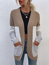 billige Åpen front cardigan-Dame Genser Kofte Fritid Myk Fargeblokk Riflet Åpen Forside Lomme Strikket Langermet Vanlige topper Strikke utendørs Daglig Helg Blå Kakifarget Høst Vinter