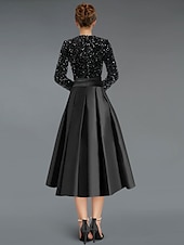 economico Abiti da cocktail-Abiti da cocktail A-Line in oro nero Abito elegante Matrimonio formale Lunghezza tè Maniche lunghe V Neck Matrimonio autunnale Ospite in satin con paillettes scintillanti Abiti Derby 2025