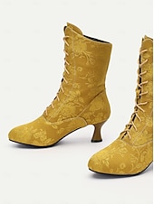 baratos Década de 1920-Botas femininas vintage com cadarço e salto médio – botas jacquard elegantes para estilo retrô e ocasiões especiais
