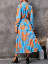 preiswerte Kleider für die Arbeit-Damen Blumen V-Ausschnitt Midikleid Langarm Frühling Herbst