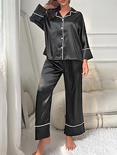 billiga Sovkläder till damer-pyjamasset för kvinnor ren färg avslappnad komfort hem dagligen satin siden komfort varm lapel långärmad skjorta byxa knapp upp resår midja höst vinter hem outfits