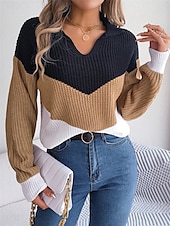 billige Grafiske mønstre og detaljer-Dame Genser Pullover genser Fritid Myk Fargeblokk Riflet V-hals Strikket Langermet Vanlige topper Strikke utendørs Daglig Helg Blå Kakifarget Høst Vinter