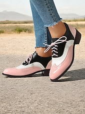 olcso Női lapos sarkú cipők-női retro rózsaszín és fekete oxford cipő – lakk műbőr fűzős brogue a vintage lezser stílushoz és divatos kirándulásokhoz