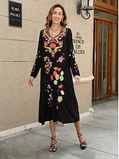 cheap Boho Dress-Valentine&#039;s Day Women&#039;s Normal Midi Dress Casual Dress Long Sleeve Boho Dress A Line Dress Boho Dress Elegant Basic Casual Bishop Sleeve Formal Vacation Valentine&#039;s Day Regular Fit Floral Still Life