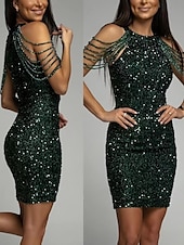 ieftine rochie mini neagra-Pentru femei Paiete Rochie neagra Rochie Mini Simplu Gâtul halter Fără manșon Toamnă Iarnă Negru Maro Deschis
