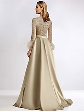 preiswerte Sekt-A-Linie Abendkleid Elegantes Kleid Formelles bodenlanges langärmeliges V-Ausschnitt Champagner Mutter der Braut Kleid Pailletten mit Feder Glitzer 2025