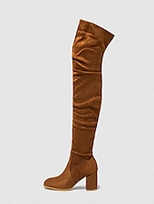 tanie Buty modowe-damskie zamszowe buty za kolano na klockowym obcasie – stylowy, luźny design z zapięciem na suwak, idealny na zimową modę