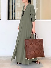 abordables Robes de travail-Robe chemise Robe casual Robe unie Femme Robe Maxi Bouton Poche Sport &amp; Loisir Plein Air Décontractées Col de Chemise manche longue Standard Noir Vert Café S M L XL 2XL