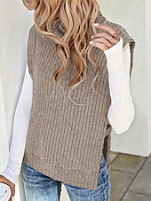 cheap Solid Colors-Women&#039;s Sweater Vest Casual Soft Solid Color Ribbed Turtleneck Split Knitted Sleeveless Regular Tops Knit Outdoor Daily Weekend Light Green Khaki Fall Winter
