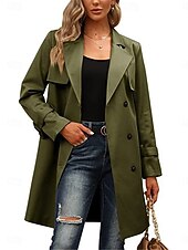 billiga Trenchcoats-Dam Kappa Utomhus Gata Dagliga kläder Höst Vinter Normal Täcka Normal Håller värmen Andningsfunktion Stylish Ledigt Jacka Långärmad Slät Med fickor Svart Armégrön Rubinrött