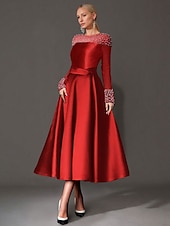 cheap Cocktail Dresses-A-Line Cocktail Dresses Elegant Dress Formal Tea Length Long Sleeve Jewel Neck Satin with Pearls Dresses