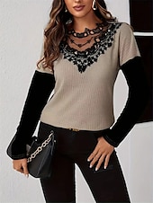 economico Top in Pizzo-Top in pizzo elegante da donna blusa all&#039;uncinetto moda moderna casual top semplici regolari maniche lunghe scollo rotondo vestibilità regolare abbigliamento quotidiano weekend romantico top petite