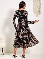 billige Kjoler til nyttårsaften-kvinners a-linje midikjole lange ermede paljetter floral elegant svart semi-formell glitrende skinnende skjørt rund hals bryllupsfest teaterbegivenhet vår høst moteklær klær s m l xl xxl