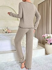 cheap Sleepwear-Women&#039;s Pajama Set Pure Color Casual Comfort Home Daily Comfort Warm V Neck Long Sleeve T shirt Pant Elastic Waist Fall Winter Home Outfits