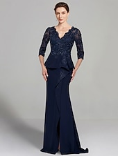 economico Lunghezza del pavimento-Abito Sheath Madre della Sposa Abito Elegante V Scollo Lunghezza Piena Chiffon Elasticizzato Manica 3/4 con Pieghe in Pizzo Colore Solido
