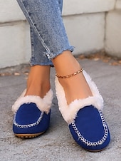 お買い得  レディース・スリッパ＆ビーチサンダル-女性用フェイクスエードモカシンスリッパ - フェイクファーの裏地付き、ステッチのディテールが施された暖かい屋内外用ハウスシューズ