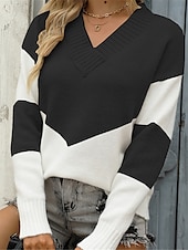 billige Grafiske mønstre og detaljer-Dame Genser Pullover genser Fritid Myk Fargeblokk Riflet V-hals Strikket Langermet Vanlige topper Strikke utendørs Daglig Helg Svart Rosa Høst Vinter