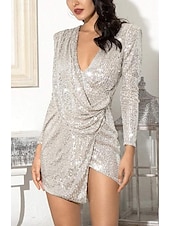 abordables Robes à paillettes-mini robe pailletée pour femme à manches longues col en V drapée argentée glamour cocktail soirée tenue automne hiver