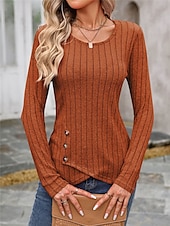 cheap Women&#039;s Plain Tops-Women&#039;s Shirt Blouse Solid Color Basic Casual Long Sleeve Crew Neck Regular Tops Daily Buttons Black Brown Beige Gray Fall Winter