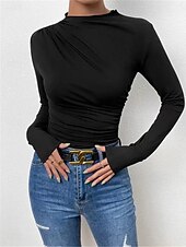 voordelige Effen Blouses-Dames T-shirt Effen Modieus Modern Casual Lange mouw Coltrui Normale tops Dagelijks Weekend Zwart Wit Beige Grijs Herfst Winter