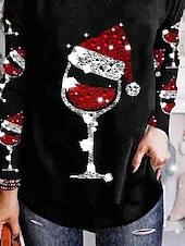 preiswerte Weihnachts-T-Shirts-Damen Bluse Langarm V-Ausschnitt Print Weihnachtsmannmütze Weingläser Urlaubs T-Shirt Schwarz Festlich Casual Party Top Bequem
