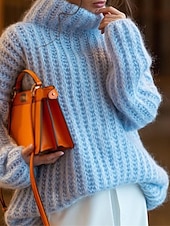 economico Colori solidi-Per donna Felpa Pullover Maglione Informale Morbido Colore puro Grosso A collo alto Lavorato a maglia Manica lunga Top regolari Maglia Esterno Giornaliero Fine settimana Rosa Blu Autunno Inverno