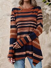お買い得  チュニックトップ-女性チュニック Tシャツ ストライプ カジュアル 長袖 クルーネック レギュラートップ デイリー プリント アシンメトリック パープル ブラウン 春＆秋