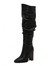 abordables Bottes souples-bottes souples marron au-dessus du genou pour femmes - talon épais, bout pointu, chaussures décontractées élégantes pour l&#039;automne et l&#039;hiver
