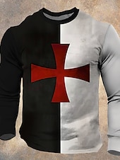 voordelige Geloof T-shirts-Voor heren Tempelierskruis T-shirt Lange mouw T-shirt 3D-afdrukken Strakke ronde hals Overhemd Dagelijks Ontwerper Vintage Retro Straat Casual Zwart / Wit Zomer Lente Herfst Kleding S M L XL XXL XXXL