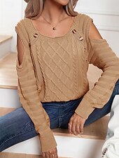 billige Solide farger-Dame Genser Pullover genser Fritid Myk Ren farge Kabel Crew-hals Knapper Strikket Kald skulder Langermet Vanlige topper Strikke utendørs Daglig Helg Hvit Fuksia Høst Vinter