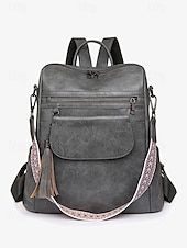 billiga Mode Ryggsäckar-vintage ryggsäck i konstläder för kvinnor med tofs och justerbar geometrisk rem – ledig resväska med flera fickor