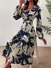 abordables Robes fleuries élégantes-robe longue à fleurs à col en V et manches longues pour femme printemps automne