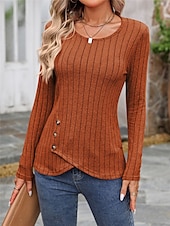 cheap Women&#039;s Plain Tops-Women&#039;s Shirt Blouse Solid Color Basic Casual Long Sleeve Crew Neck Regular Tops Daily Buttons Black Brown Beige Gray Fall Winter