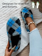 cheap Women&#039;s Slippers &amp; Flip-Flops-Women&#039;s Cozy Plaid Fleece Slippers - Soft Indoor Slip-Ons with Warm Plush Lining for Winter Comfort