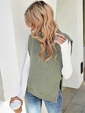cheap Solid Colors-Women&#039;s Sweater Vest Casual Soft Solid Color Ribbed Turtleneck Split Knitted Sleeveless Regular Tops Knit Outdoor Daily Weekend Light Green Khaki Fall Winter