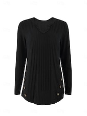 abordables Couleurs unies-Femme Pull Chandail Décontractées Flexible Couleur monochrome A côtes Col V Boutons Tricoté manche longue Hauts réguliers Tricoter Extérieur du quotidien Fin de semaine Noir Automne Hiver