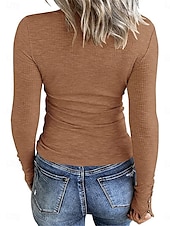 billiga Enkel t-shirt-Dam T-shirt Slät Mode Modern Ledigt Långärmad Rund hals Vanliga toppar Dagligen Helgen Knappar Blå Brun Grå Höst Vinter