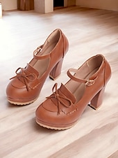 ieftine anii 1950-pantofi vintage maro mary jane de dama - pantofi cu platforma cu toc gros cu detaliu fundita, ideali pentru tinute retro si clasice, perfecti pentru birou, petreceri si ocazii speciale