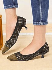 tanie Kocie obcasy-eleganckie czarne szpilki damskie - spiczasty nosek ze złotymi zdobieniami, wygodne i stylowe do biura i na wieczór
