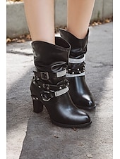 preiswerte Slouch-Stiefel-braune, lässige Stiefel mit halbhoher Sohle und Nietenriemen sowie Strassverzierungen für Damen – High Heel im Westernstil für Partys und die Freizeit