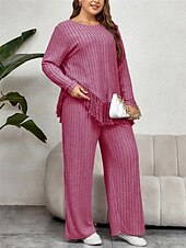 abordables grande taille deux pièces-Femme Grande taille Hauts T shirt Tee Ensemble Couleur unie Franges manche longue Col Ras du Cou Décontractées du quotidien Polyester Automne Hiver Fuchsia Vert