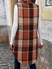baratos Colete-Mulheres Colete Ao ar livre Rua Roupa Diária Outono Inverno Longo Casaco Normal Térmico / Quente Respirável à moda Casual Casaco Sem Manga Listras e xadrez Com bolsos Imprimir Laranja Verde Cáqui