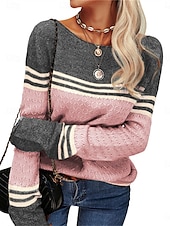 billige Grafiske mønstre og detaljer-Dame Genser Pullover genser Fritid Myk Stripet Riflet Crew-hals Lapper Strikket Langermet Vanlige topper Strikke utendørs Daglig Helg Rosa Oransje Høst Vinter