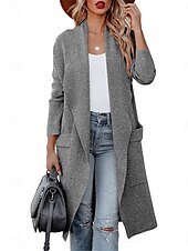 economico Cardigan e capispalla-Per donna Cappotto invernale Esterno Strada Da tutti i giorni Autunno Inverno Lungo Cappotto Standard Tenere al caldo Traspirante Moda Informale Giacca Manica lunga Tinta unica Con tasche Nero Bianco